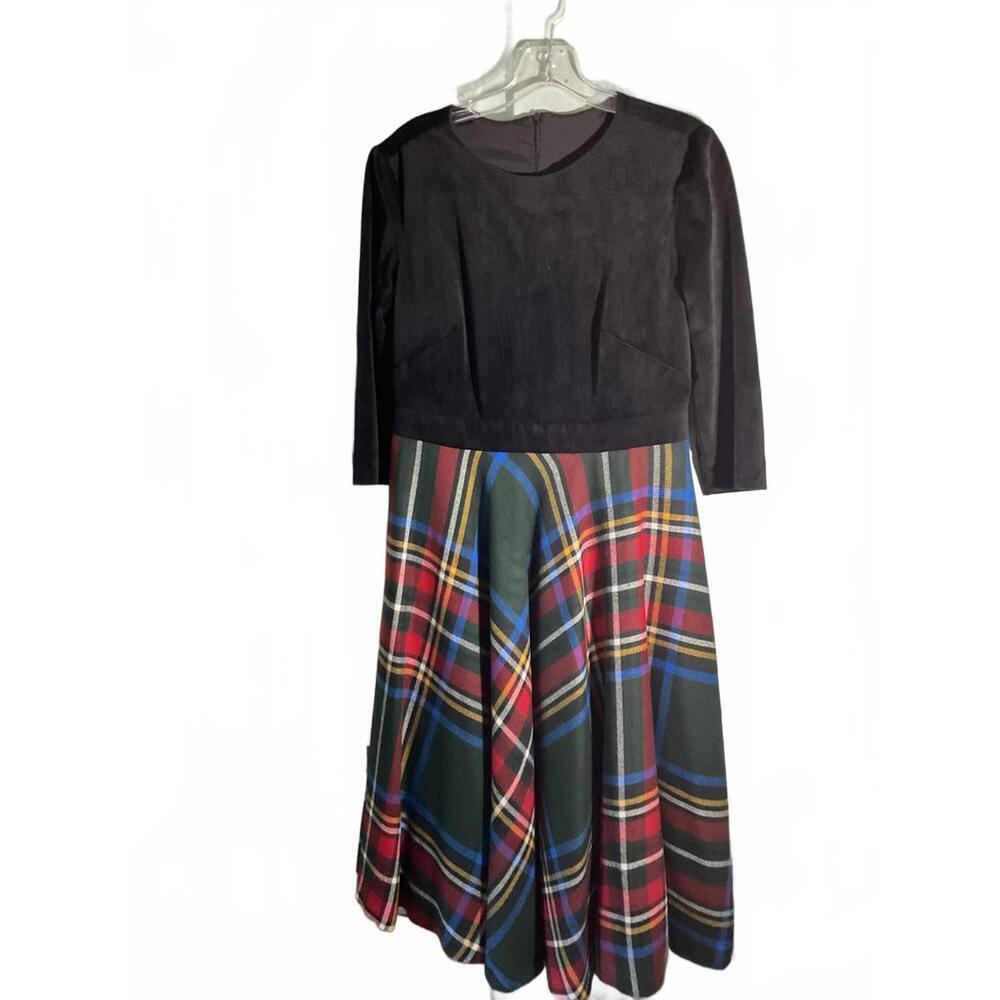 Vintage Wool Black Velour and Green Tartan Plaid Dress full circle skirt Medium